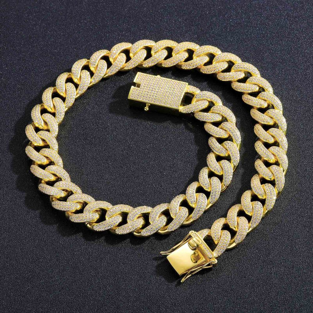 Qiji Men's Hip Hop Necklace 18mm Three Rows Cubic Zirconia Cuban Link Personalized Micro-Set Zirconia Men's Necklace