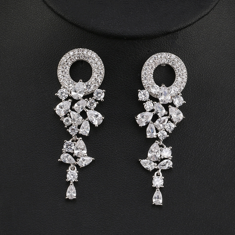Rakol Vintage Geometric Round Flower Ring Earrings For Women Luxury Micro Inlaid Zircon Tassel Earrings Fashion Copper