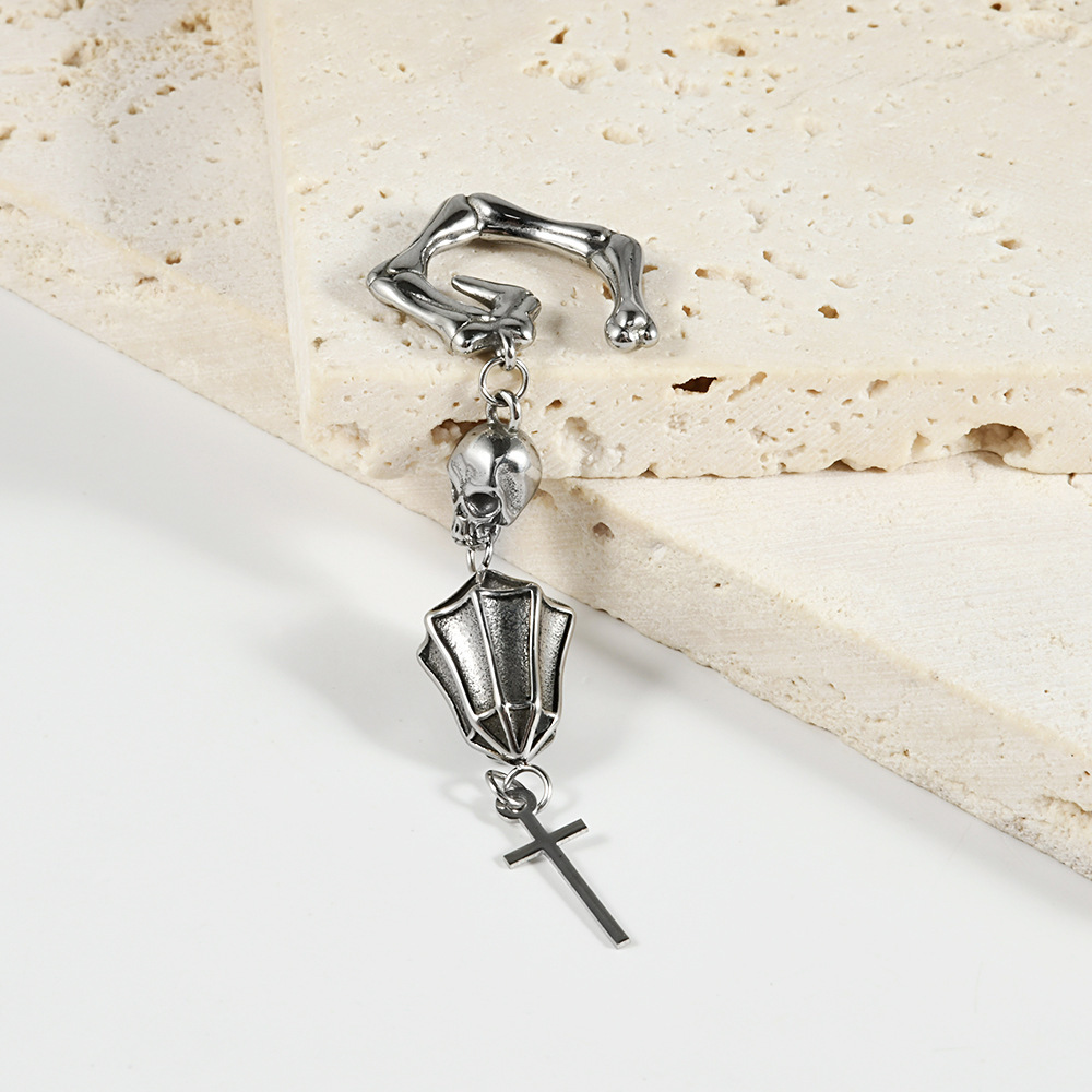 Golden Skull Pendant Stud Earrings Punk Style Pierced Cross Ear Jewelry Personalized Copper Earring Accessories