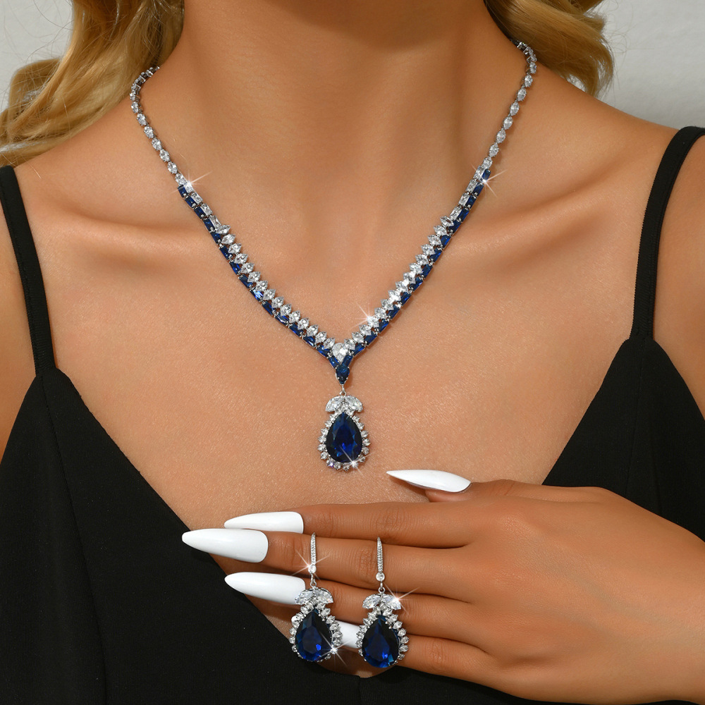 Elegant Blue Drop Pendant Earrings And Necklace Wedding Jewelry Set For Women Fashionable Bridal Accessories With Zirconia