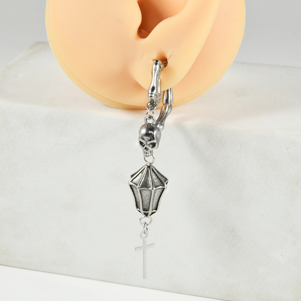 Golden Skull Pendant Stud Earrings Punk Style Pierced Cross Ear Jewelry Personalized Copper Earring Accessories