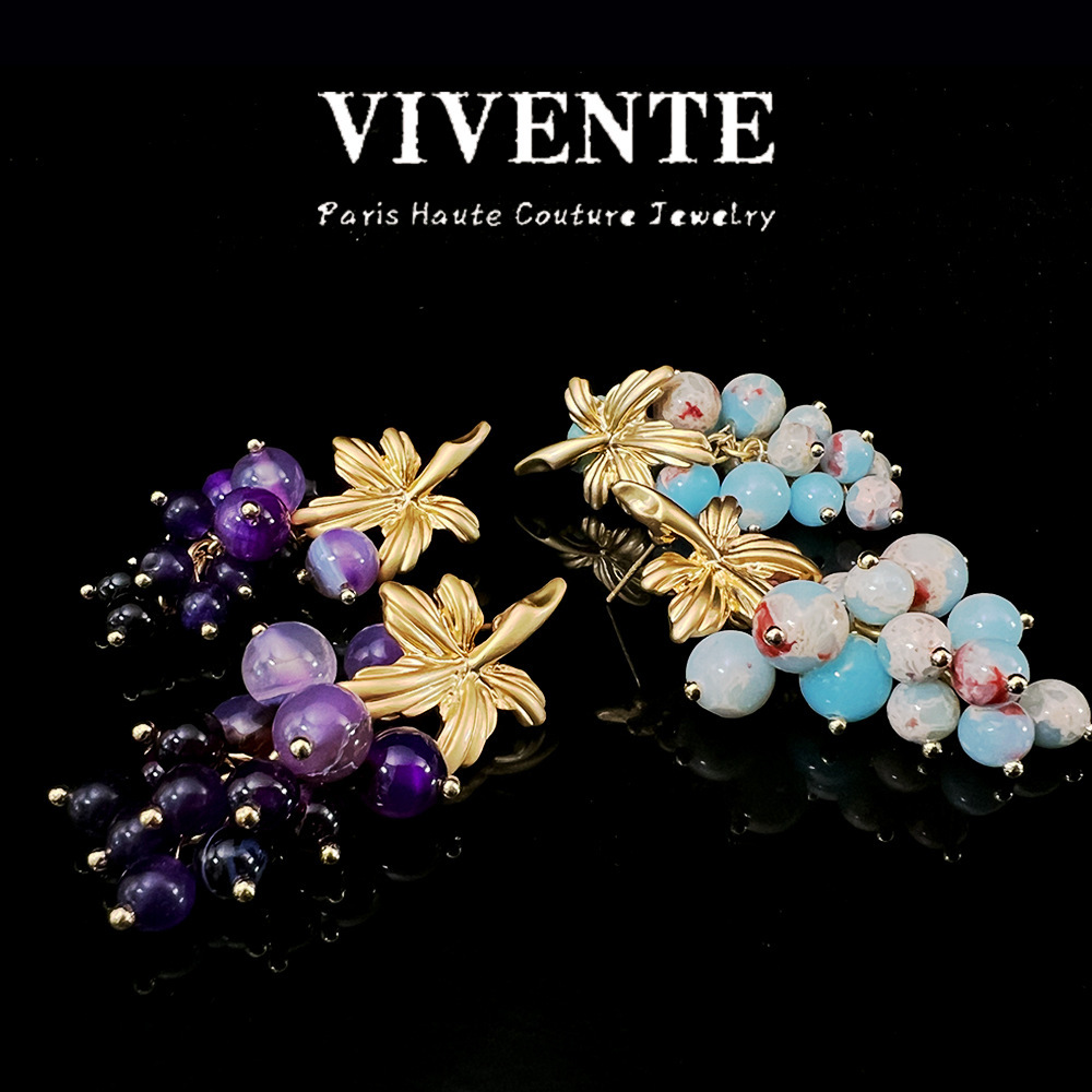 Spanish Grape Earrings Vintage Gold Plated King Stone Purple Crystal Women's Jewelry Accessories Fruit Pattern Gemstone Stud Earrings