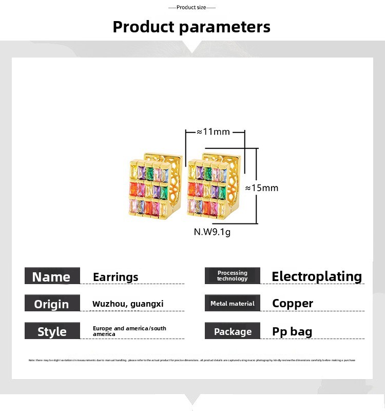 Elegant Geometric Pattern Zircon Earrings Colorful Square Heavy Work Gold Plated Luxury Women's Fashion Jewelry Accessories