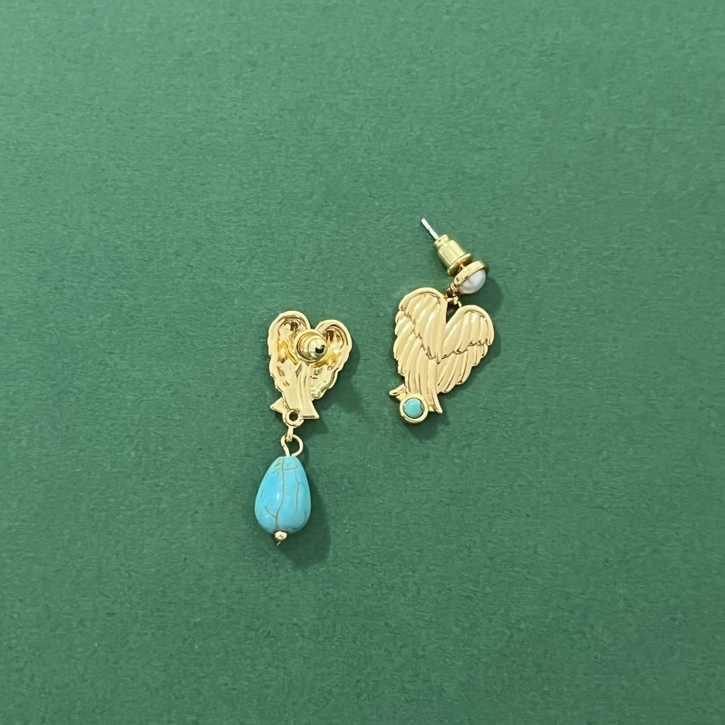 Fashionable Natural Stone Earrings Women's Asymmetric Heart Feather Wing Design Elegant Vintage Style Jewelry Accessories