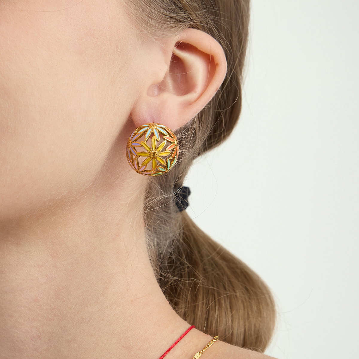 Women's Style - Sweet Style / 18K Gold Stainless Steel + Oil Drop / Colorful Oil Drop Hollow Ball Flower Earrings Pair