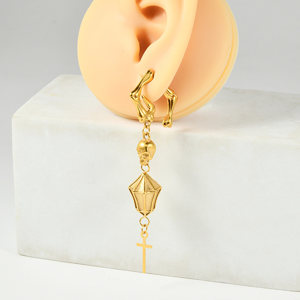 Golden Skull Pendant Stud Earrings Punk Style Pierced Cross Ear Jewelry Personalized Copper Earring Accessories