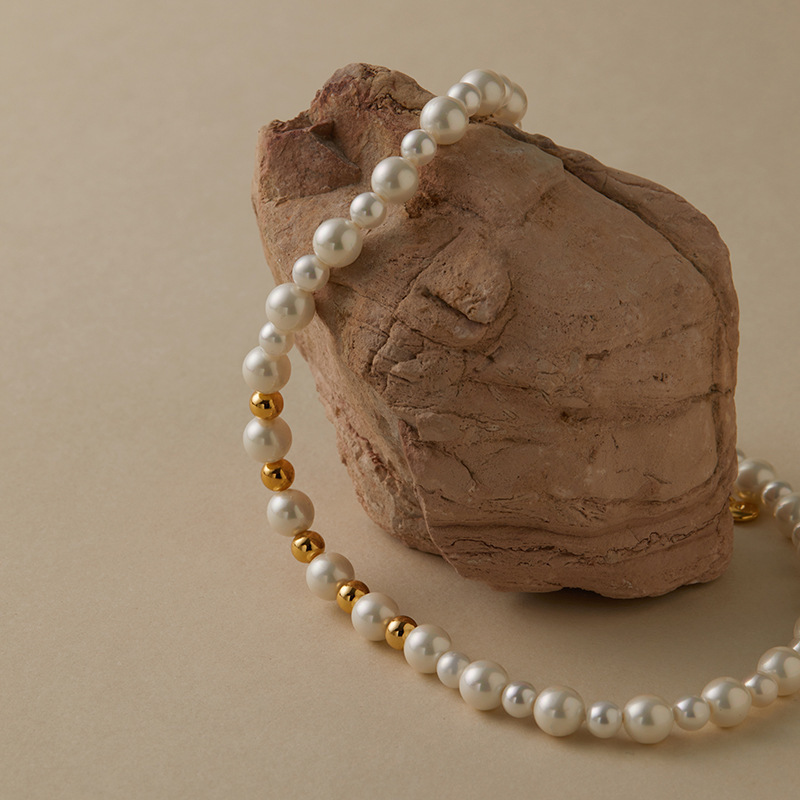 Handmade Pearl Shell Bead Necklace Vintage Versatile Elegant Women's Geometric Pattern Copper Jewelry Accessories Necklace