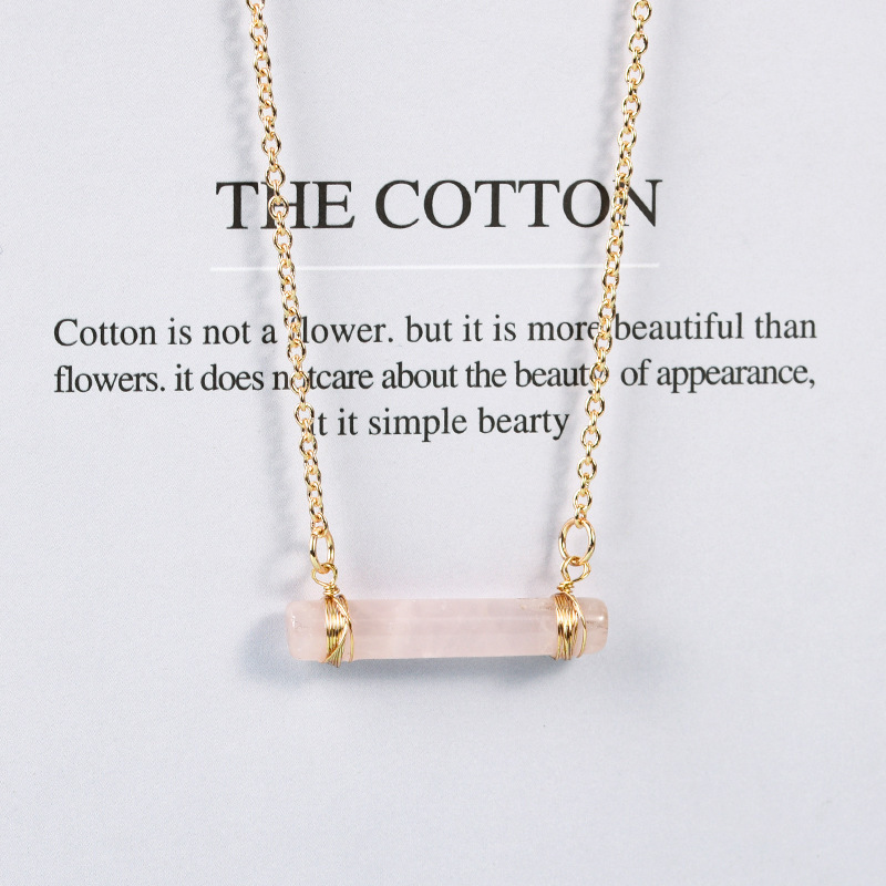 Natural Crystal Cylinder Pendant Necklace Wire Wrapped European And American Pink White Special Irregular Geometric Pattern Gemstone Accessories Alloy Wholesale