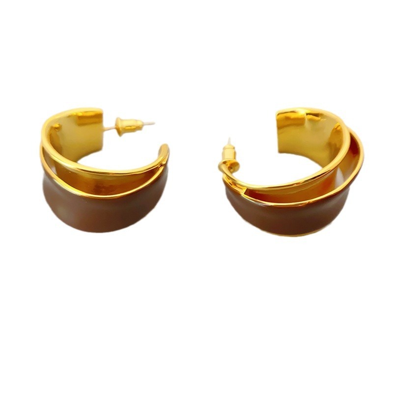 Fashionable Double Layer C-Shaped Enamel Drip Oil 925 Silver Needle Elegant Earrings Women's Jewelry Accessories Geometric Pattern