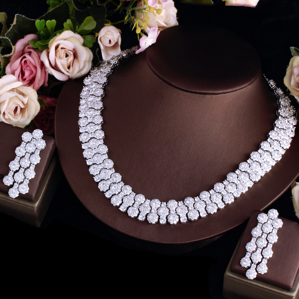 Copper Square Water Droplets Electroplating Zircon Palladium Plating Elegant Bridal Inlay Silver Jewelry Set