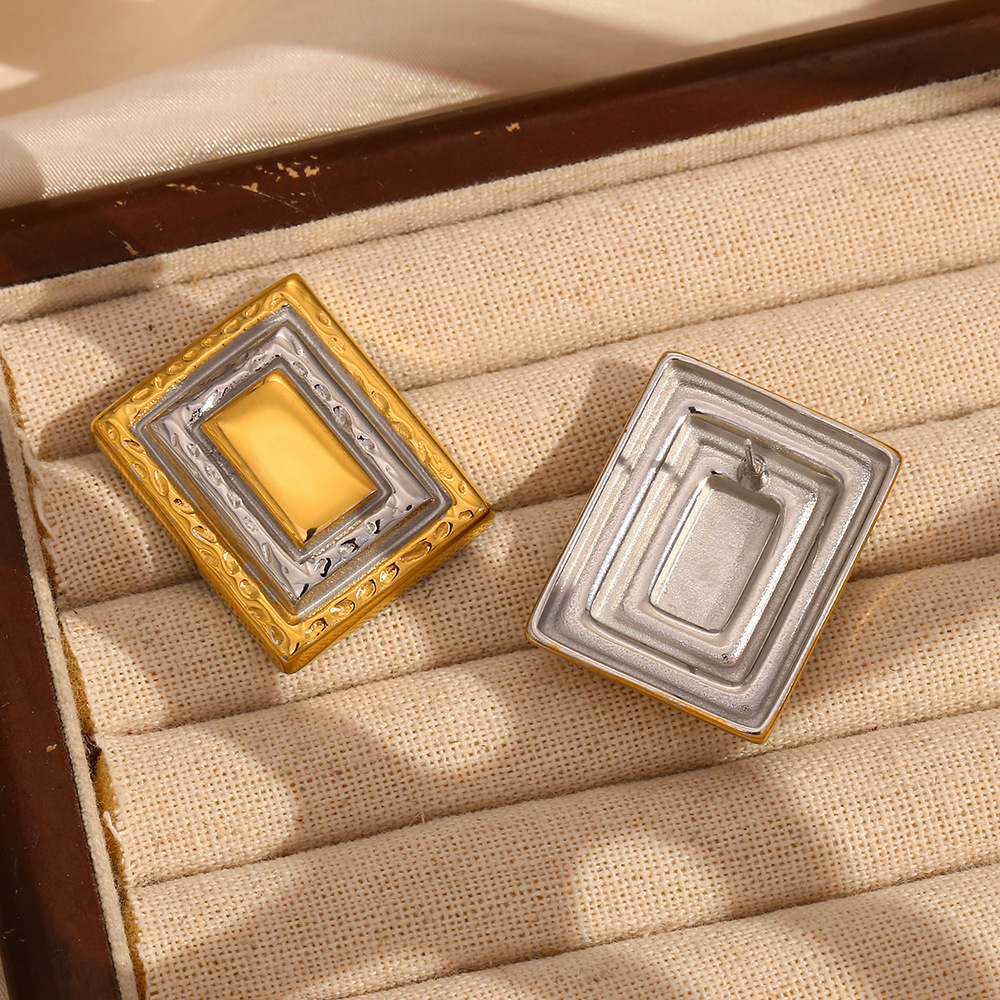 PVD Coated Real Gold Plated Rectangle 304 Stainless Steel Vintage Style Waterproof Non Tarnish Ear Studs