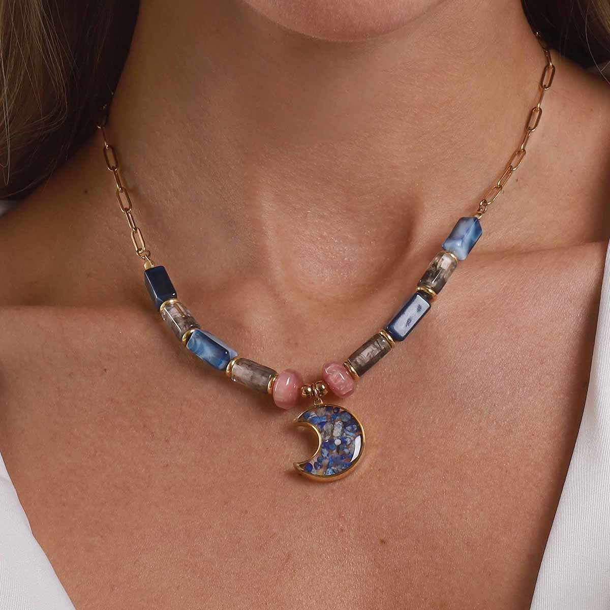 Colorful Resin Pendant Necklace Stainless Steel Chain Layered Women's Jewelry Accessories