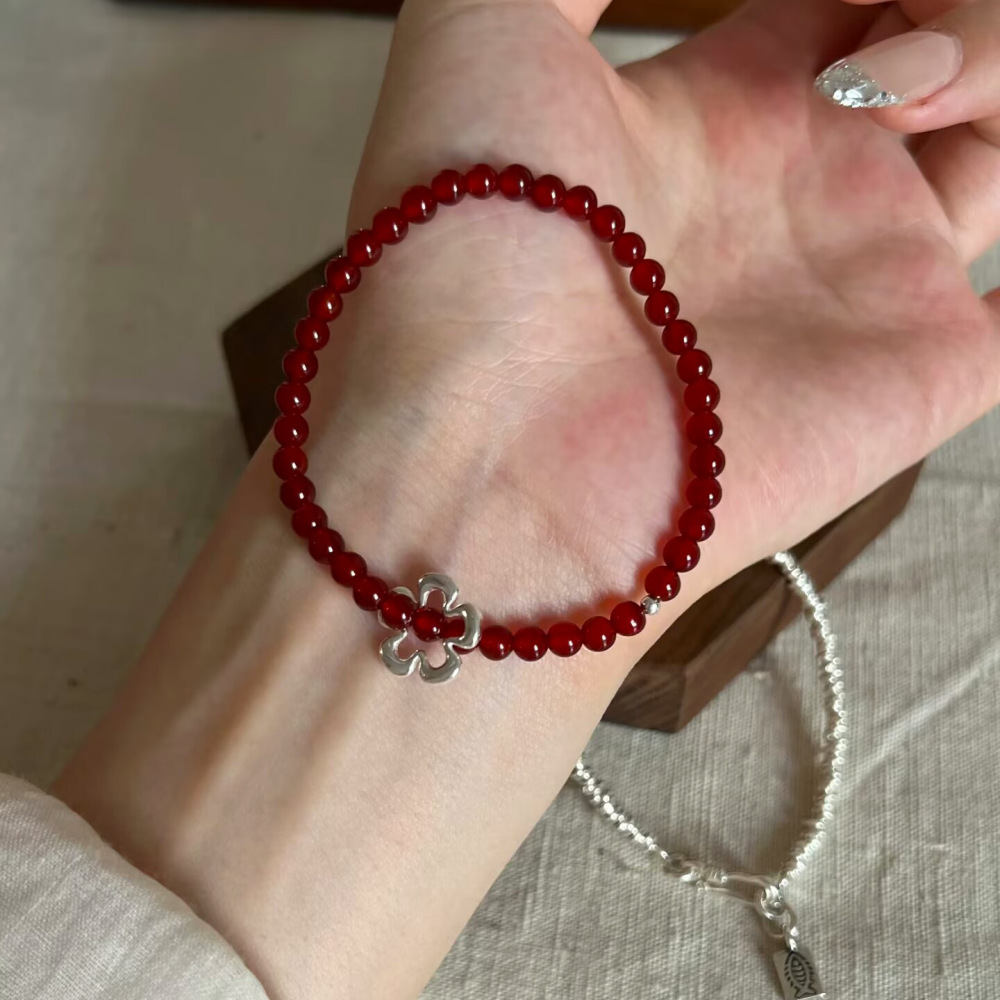 925 Sterling Silver Silver Handmade Red Agate Flower Bracelet Bohemian Elastic Cord New Year Natural Accessories
