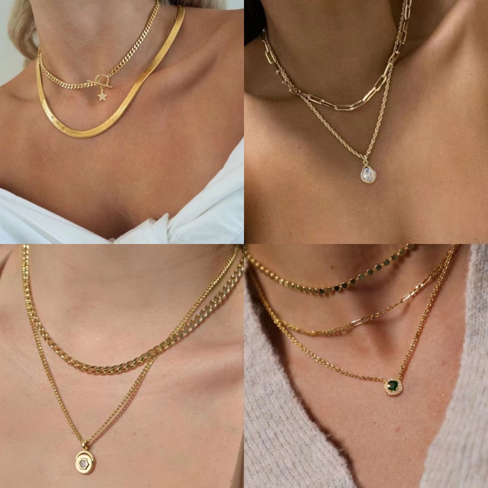 18K Gold Plated Personalized Grid Paperclip Box Multi-layer Necklace With Copper Inlaid Shiny Cubic Zirconia Pendant Set Necklace/Fashion Jewelry Gift Box Accessories/Suitable For Girlfriend Gifts And Daily Wear