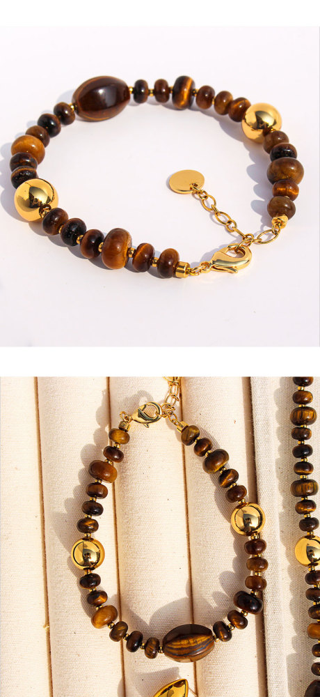 Original Design High-End Natural Tiger Eye Stone Gold Round Bead Necklace Bracelet Waterdrop Earring Set For Ladies Fashion Jewelry Accessories
