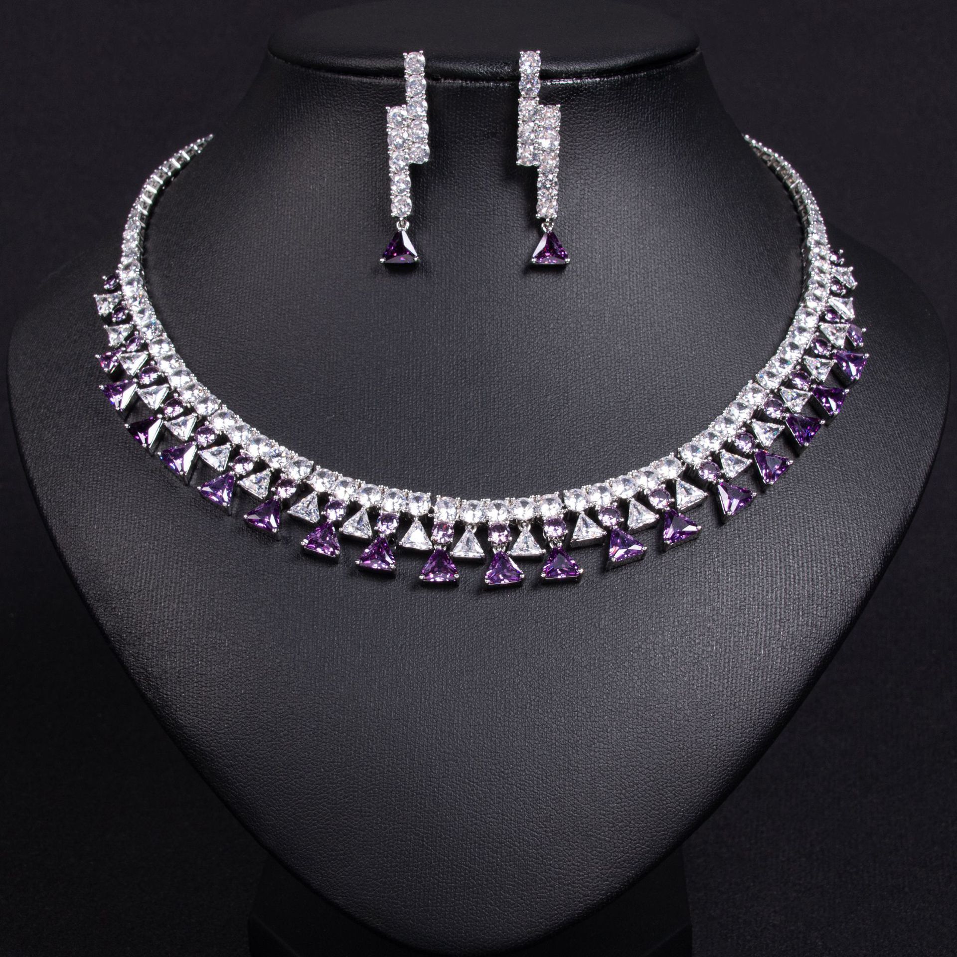 Elegant Women's Geometric Triangle Zircon Jewelry Set Sparkling Earrings Necklace Fashionable Minimalist Copper Alloy