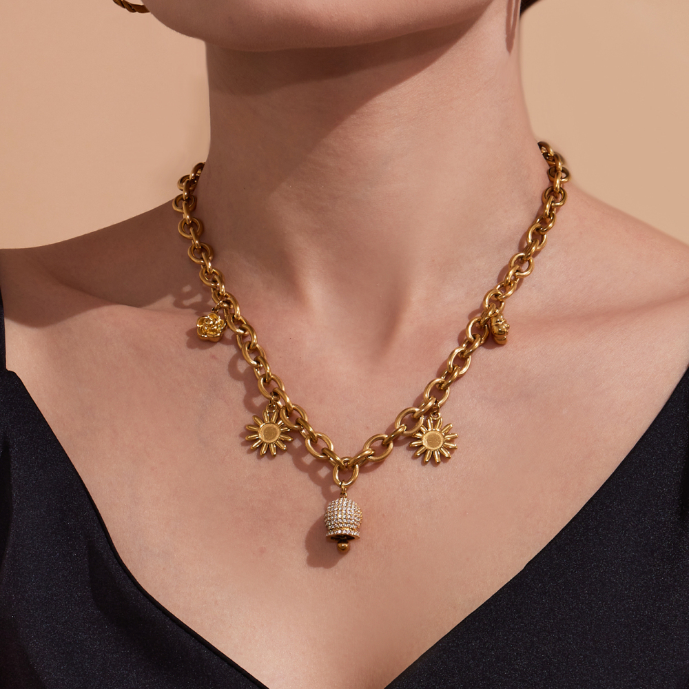 Stainless Steel DIY Multi-Parts Pendant Necklace Bracelet Bell Zircon Sunflower Rose Flower Jewelry Accessories Elegant Luxury Romantic