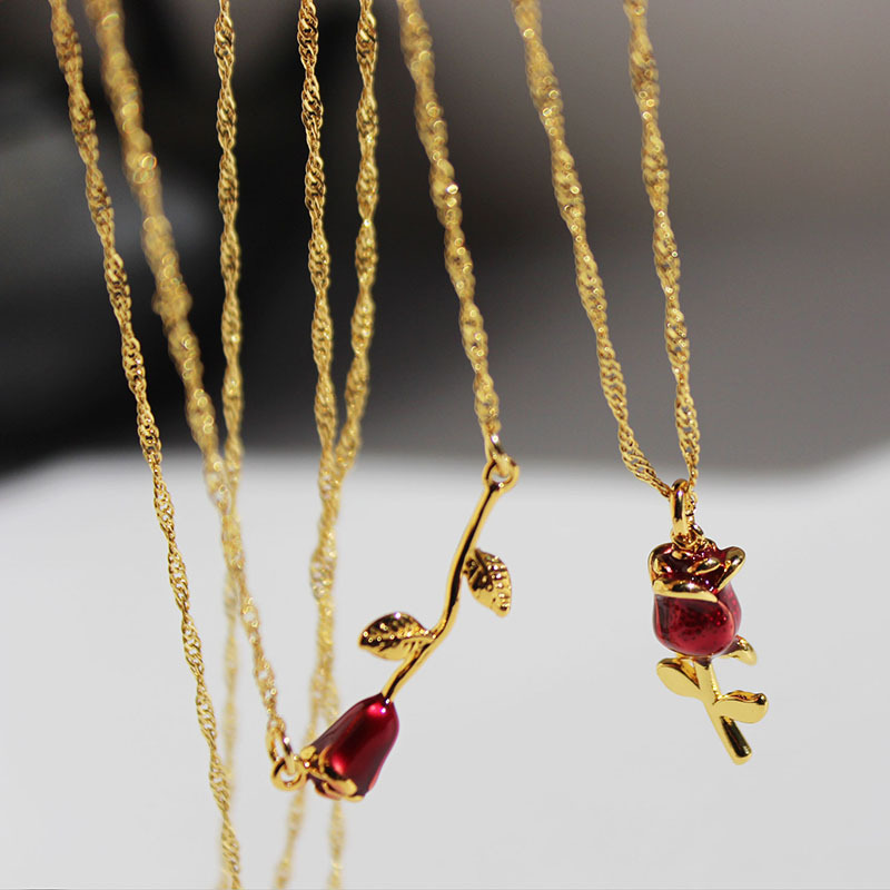 Wholesale Jewelry IG Style Romantic Sweet Rose Brass 24K Gold Plated Enamel Three-dimensional Necklace