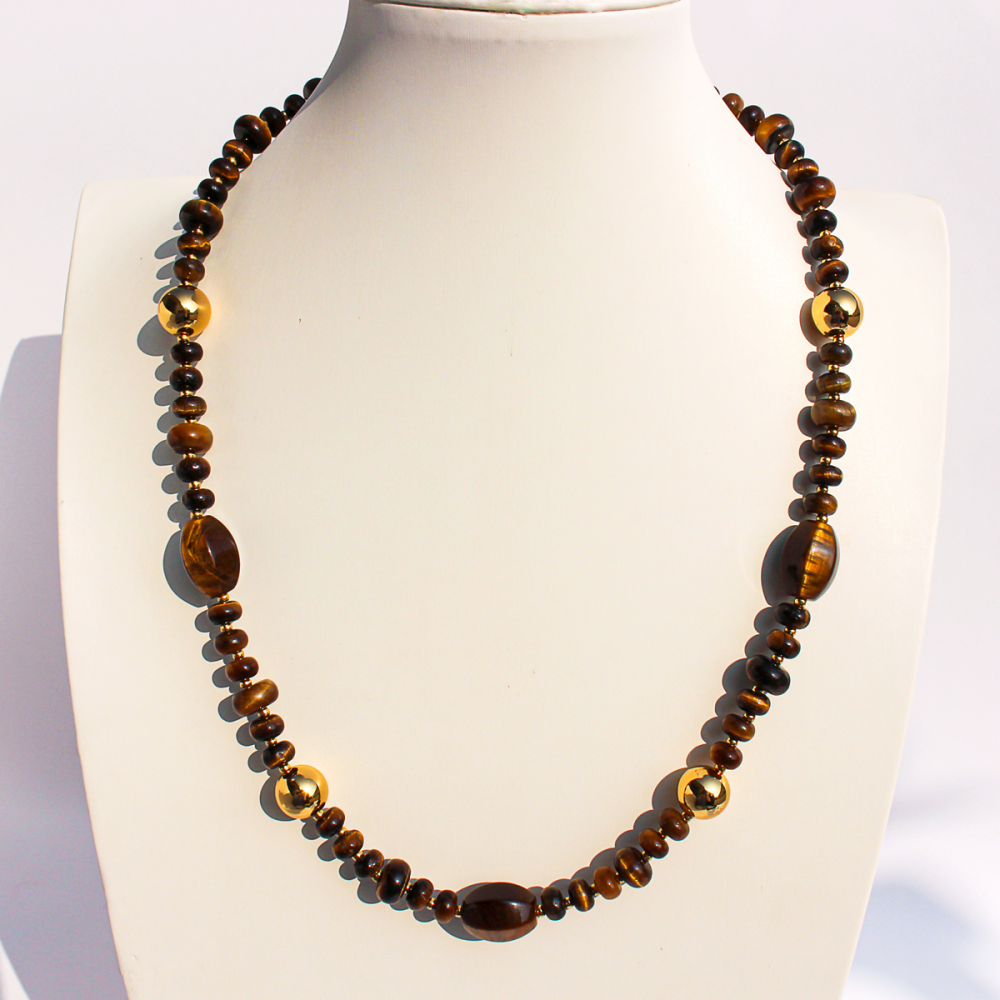 Original Design High-End Natural Tiger Eye Stone Gold Round Bead Necklace Bracelet Waterdrop Earring Set For Ladies Fashion Jewelry Accessories