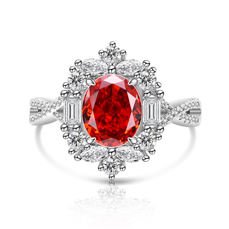 Luxurious High Carbon Diamond 7x9 Pigeon Egg Ice Flower Cut Plated Platinum Ring Fashion Geometric Pattern Live Direct Sale