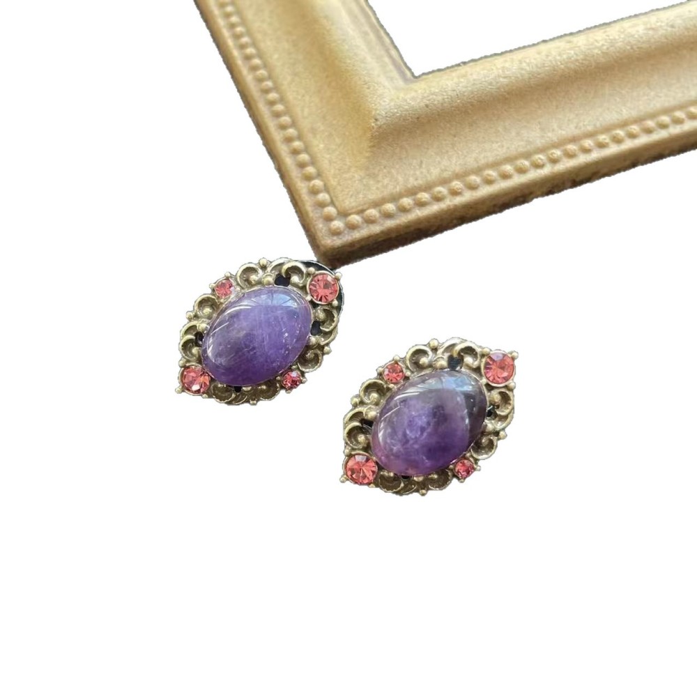 Vintage Purple Natural Stone Earring Copper Small Design Earrings Accessories Women Geometric Pattern