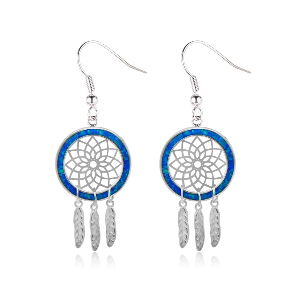 Oceanic Dream Weaving Opal Earrings Beach Girl Sweet Style Geometric Pattern Copper Jewelry Accessories