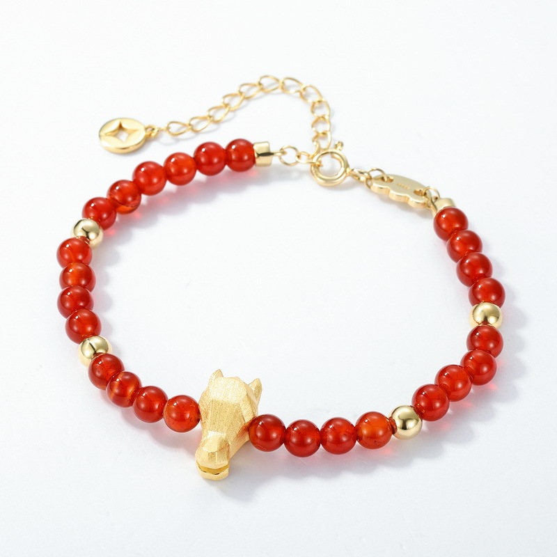 S925 Sterling Silver Handcrafted Brushed Zodiac Horse Plated 10K Real Gold Red Agate Beaded Bracelet Three-in-One Design Jewelry