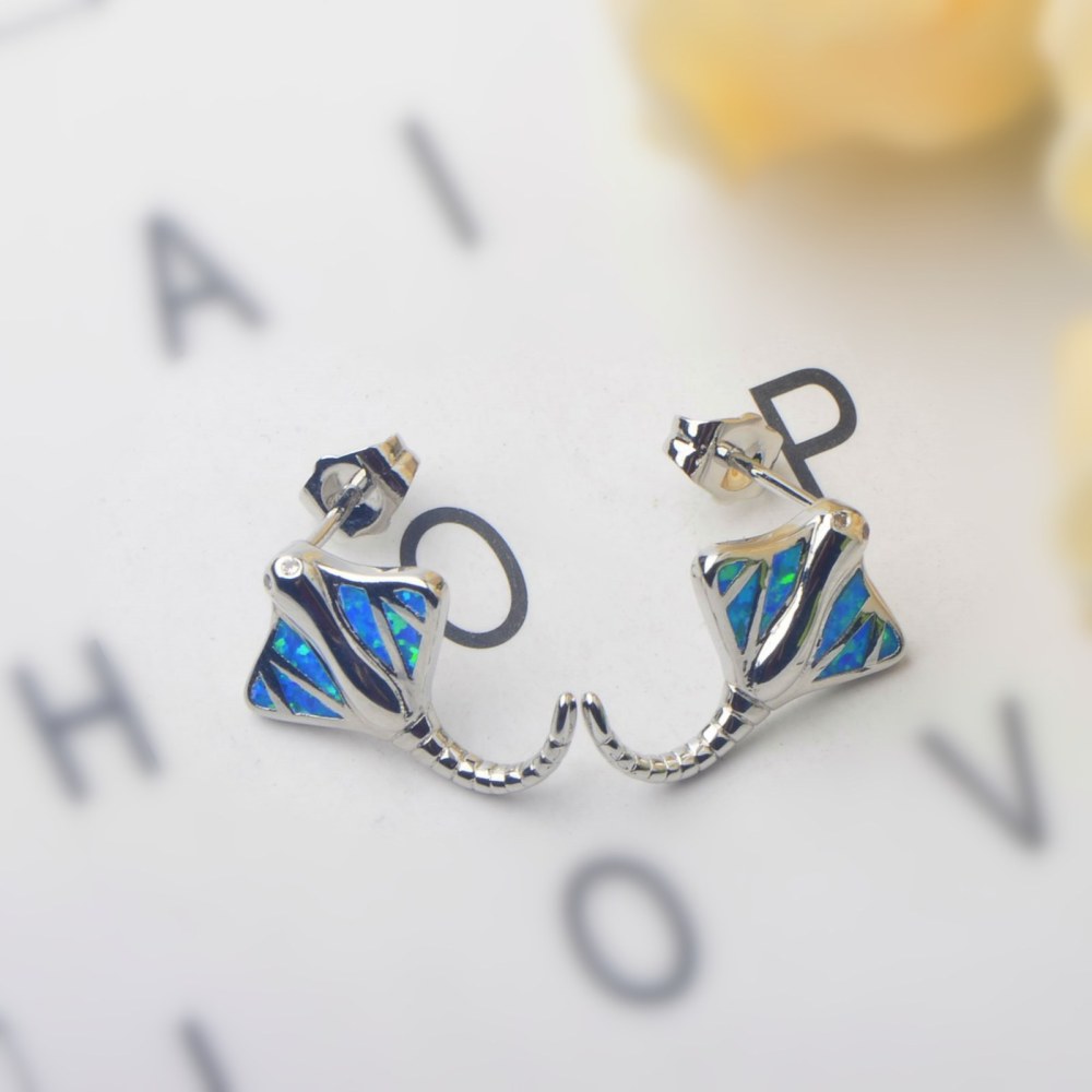 Adorable Blue Opal Bat Fish Earrings For Girls Bohemian Style Floral Print Copper Material Simple Design Jewelry Accessories