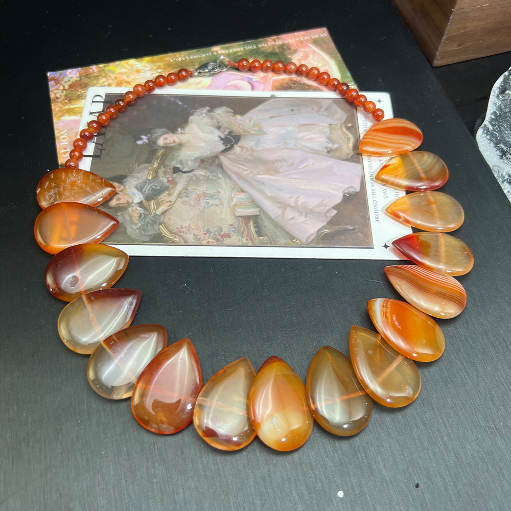 Vintage Simple Natural Stone Pink Crystal Agate Waterdrop Leaf Beads Necklace  Style Jewelry Accessories