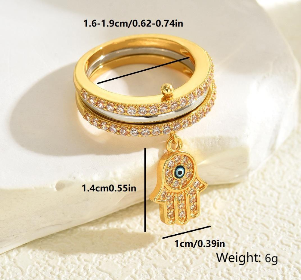 11 Pieces Copper Inlaid Zircon  Style Exquisite Fashion Daily Casual Multi-layer Ring Stacking Fatima's Hand Pendant Men Women Ring Party Holiday Banquet Jewelry Accessories