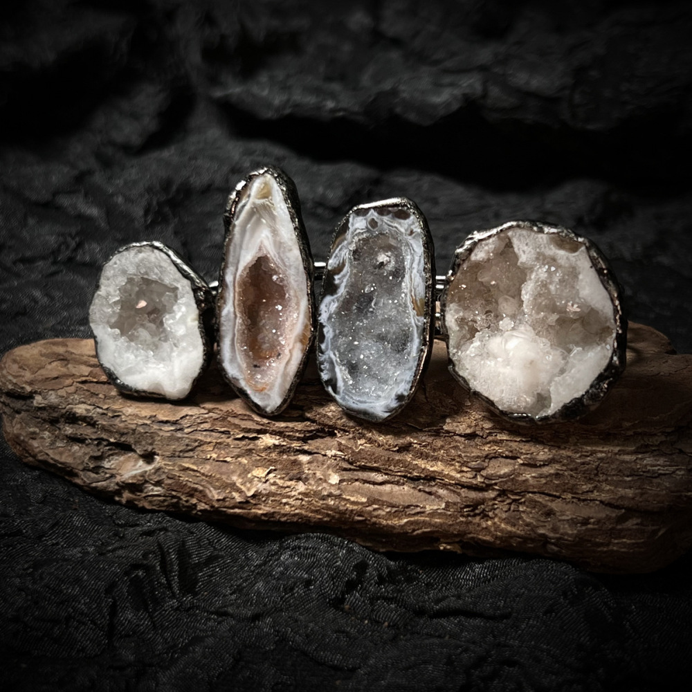 Retro Handmade Adjustable Silver Gold Plated Agate Crystal Ring Open Geometric Unisex Wide Band Jewelry Accessories