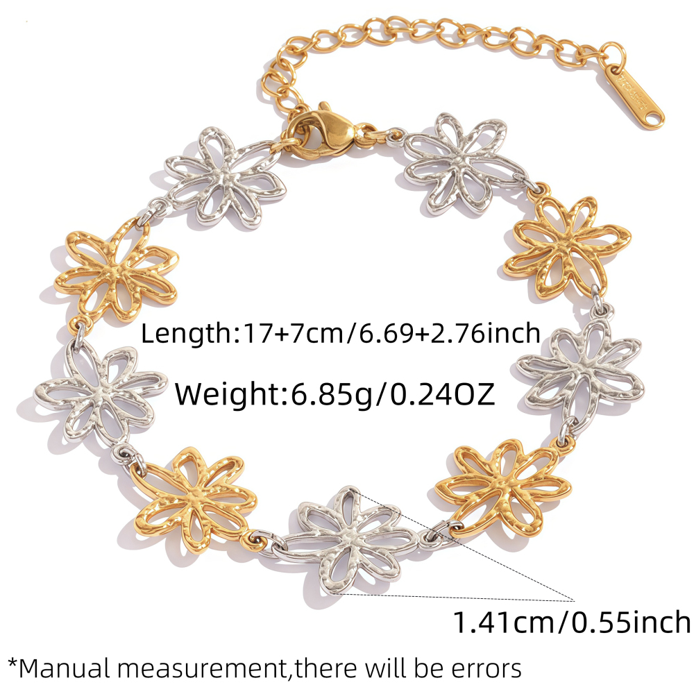 18K Gold Plated 304 Stainless Steel Vacuum Electroplating (In Furnace) Vintage Floral Waterproof Non-Fading Asymmetric Three-Dimensional Handmade Chain Women's Bracelet Jewelry Accessories