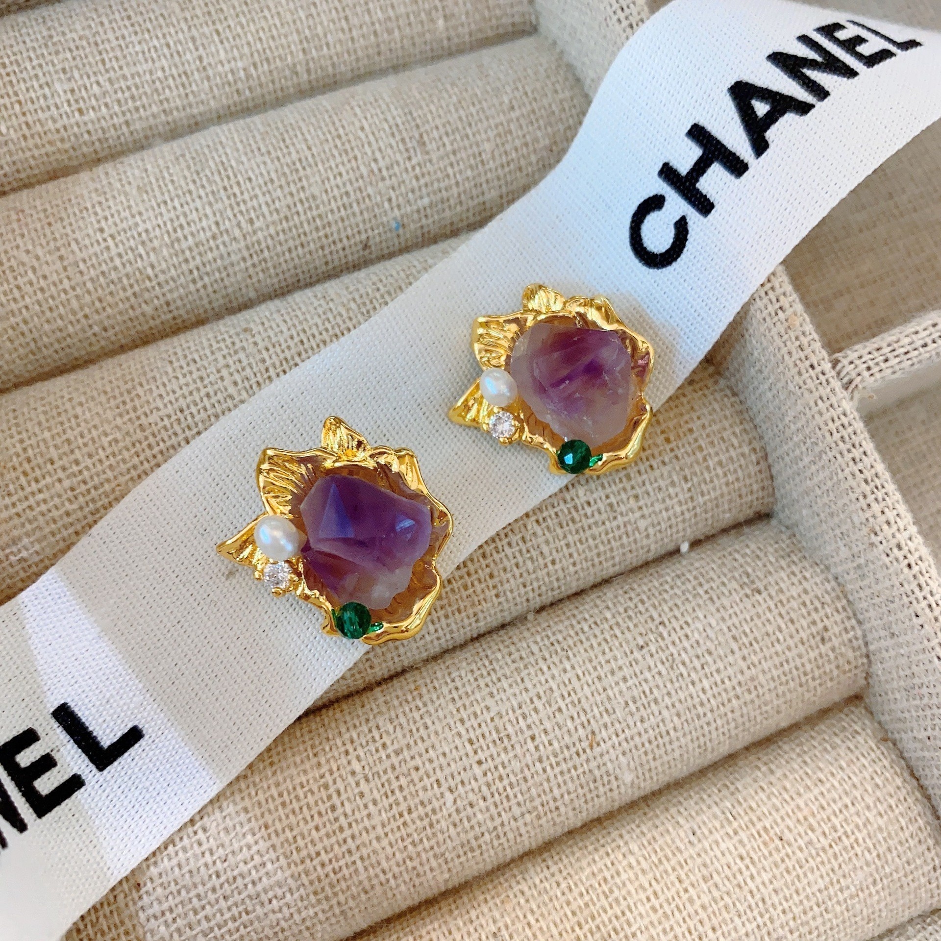 Retro Purple Crystal Stone Earrings Bohemian Style Floral Print Vintage Feelings Women's Jewelry Accessories Ear Cares