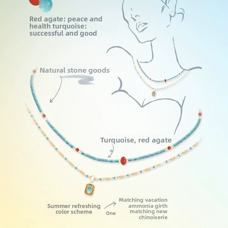 Three-layer Turquoise Bohemian Style Titanium Steel Collarbone Chain Necklace Women's Jewelry Accessories Heart Shape Geometric Pattern Design