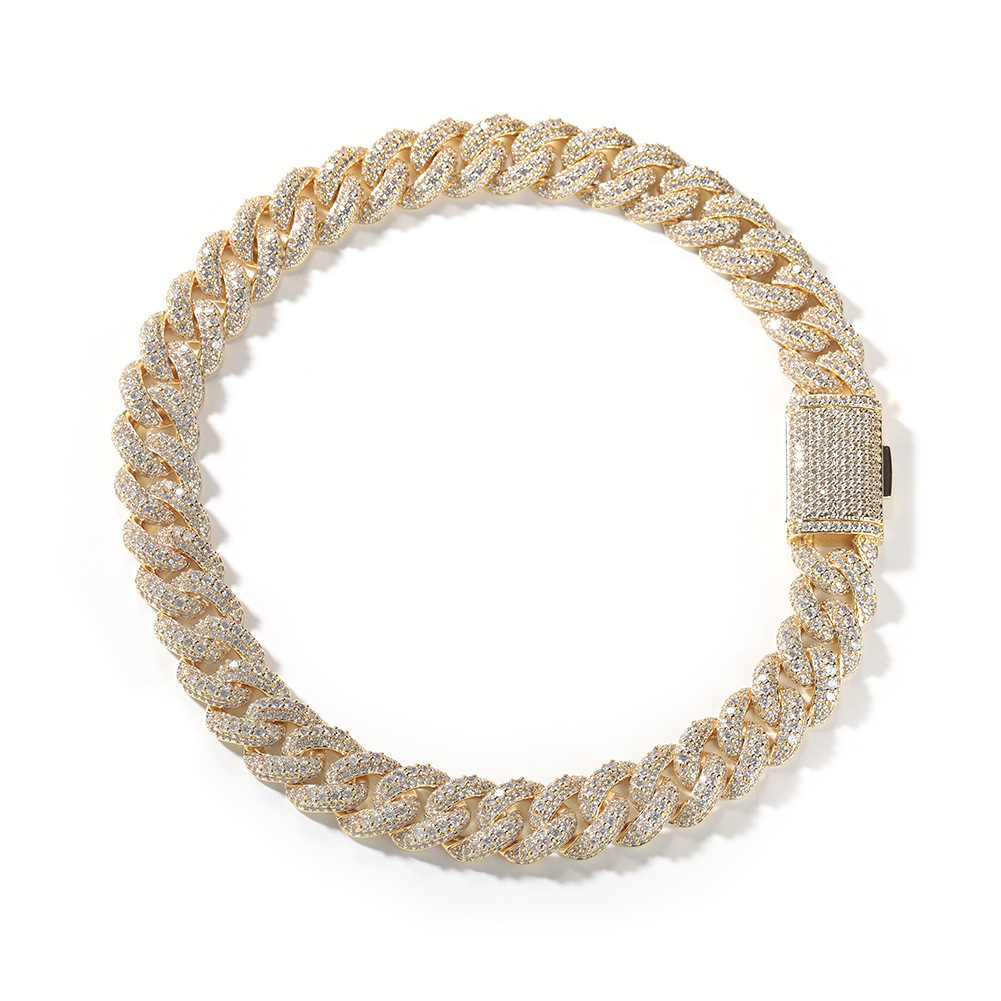 Men's Hip-Hop Bracelet High-End Texture Copper Inlaid Zirconia Gold-Plated Geometric Pattern Silver 18mm Cuban Chain Jewelry Box Clasp Personality