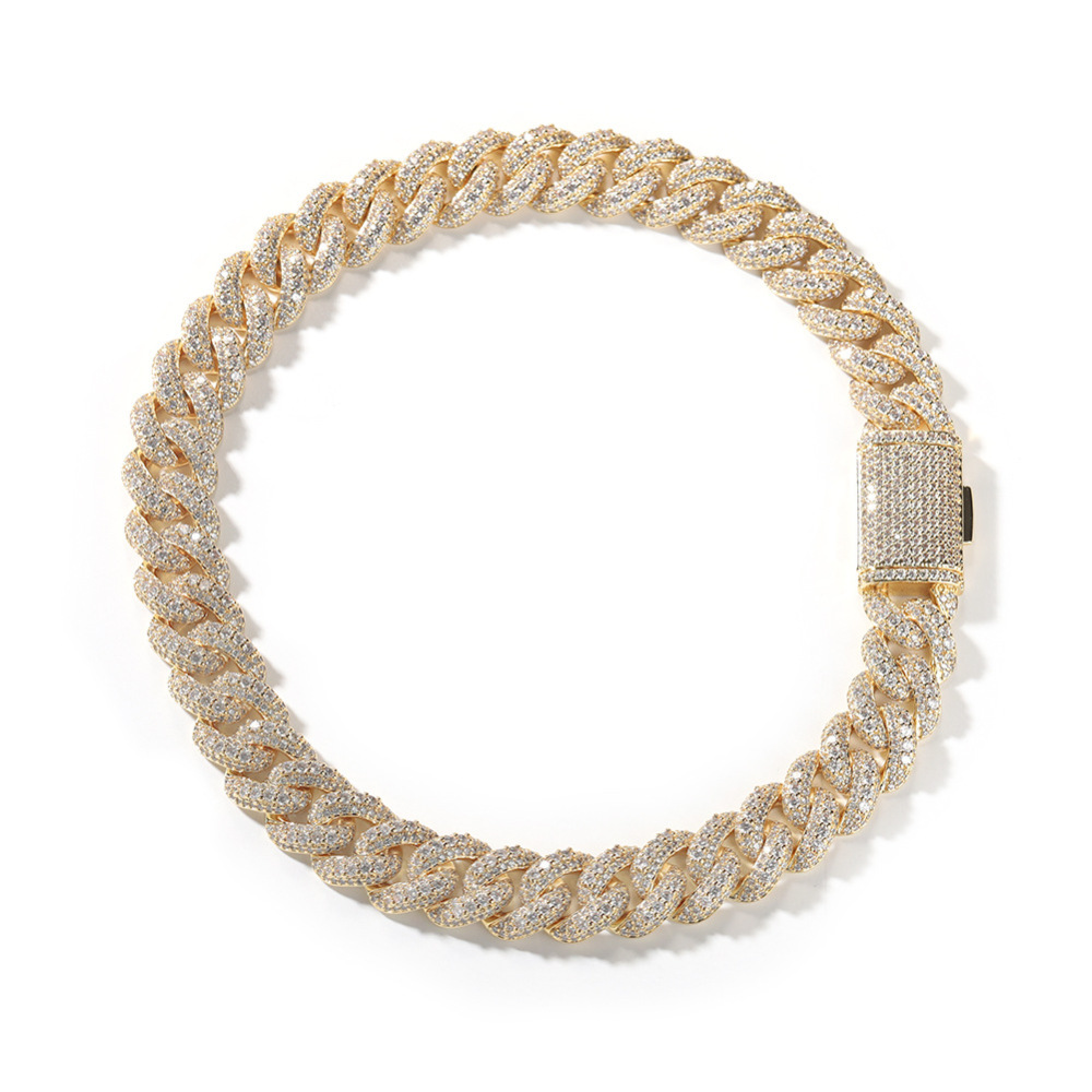 Men's Hip-Hop Bracelet High-End Texture Copper Inlaid Zirconia Gold-Plated Geometric Pattern Silver 18mm Cuban Chain Jewelry Box Clasp Personality