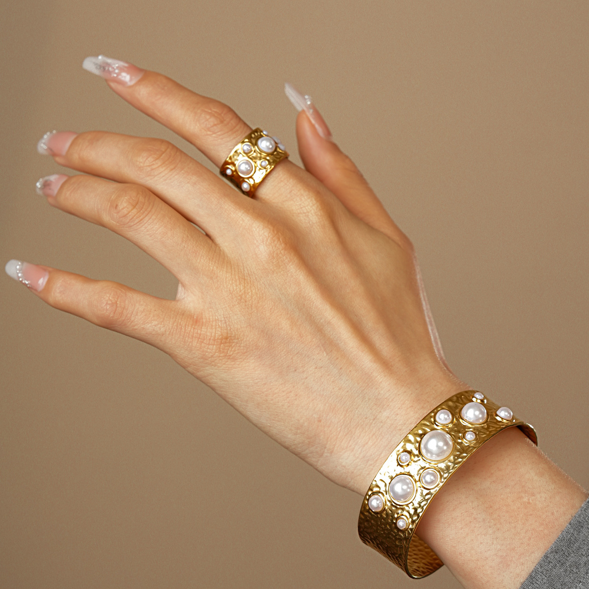 304 Stainless Steel Pearl Shell Starfish Open Ring Bracelet Beach Vacation Style Handmade Jewelry Accessories Flower Jewelry Set