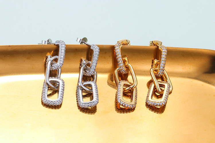 Cross-border New Arrival Personality Double Ring Buckle Earrings Gold-plated Long Earrings For Women Micro Inlaid Zircon Fashion Hip Hop Earrings For Women