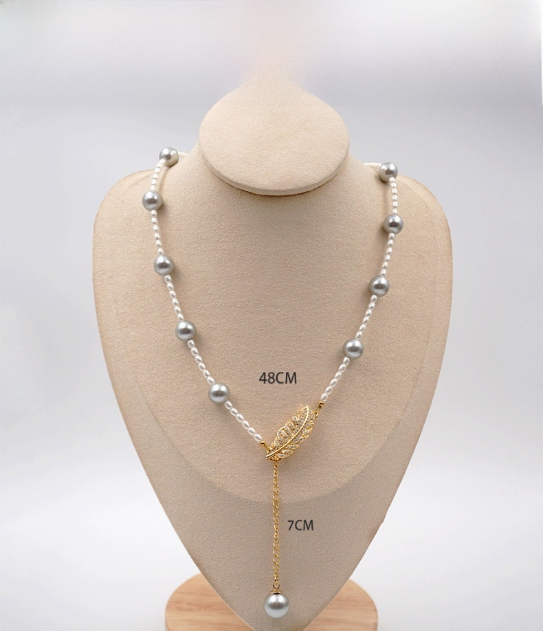Grey Pearl Feather Y-Shape Sweater Chain Asymmetrical Multi-Ways Long Necklace Women's Fashion Accessories Handmade Craft
