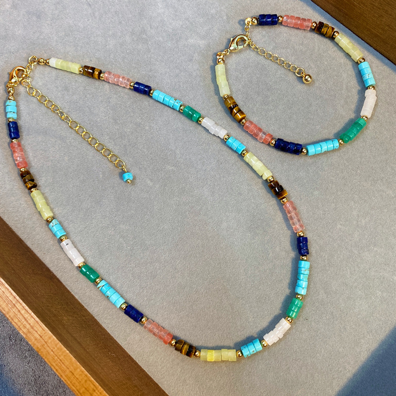 Colorful Candy Beads Necklace New Summer Fashion Natural Stone Lockbone Chain Geometric Pattern Jewelry Accessories For Women