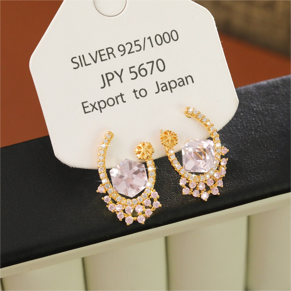 Elegant Pink Zircon Stud Earrings Fashionable Geometric Pattern Women's Jewelry Accessories Shiny Gentle Lady Ear Decor High-End Hoops