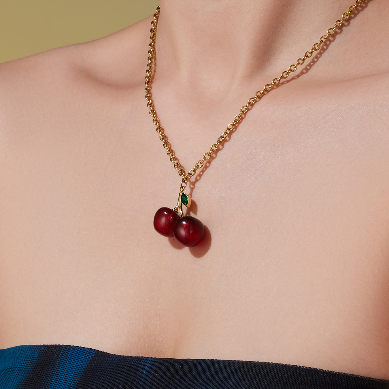 Stainless Steel Resin Cherry Pendant Necklace Earrings 18K Gold Plated European And American Fashion Versatile Fruit Jewelry Set