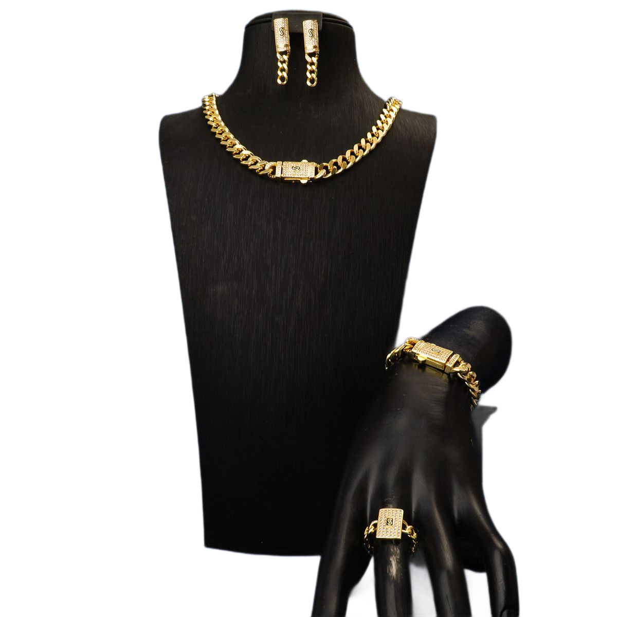 24K Gold Plated Cuban Link Necklace Earrings Bracelet Ring Set Hip Hop Jewelry Zirconia  Personalized Accessories