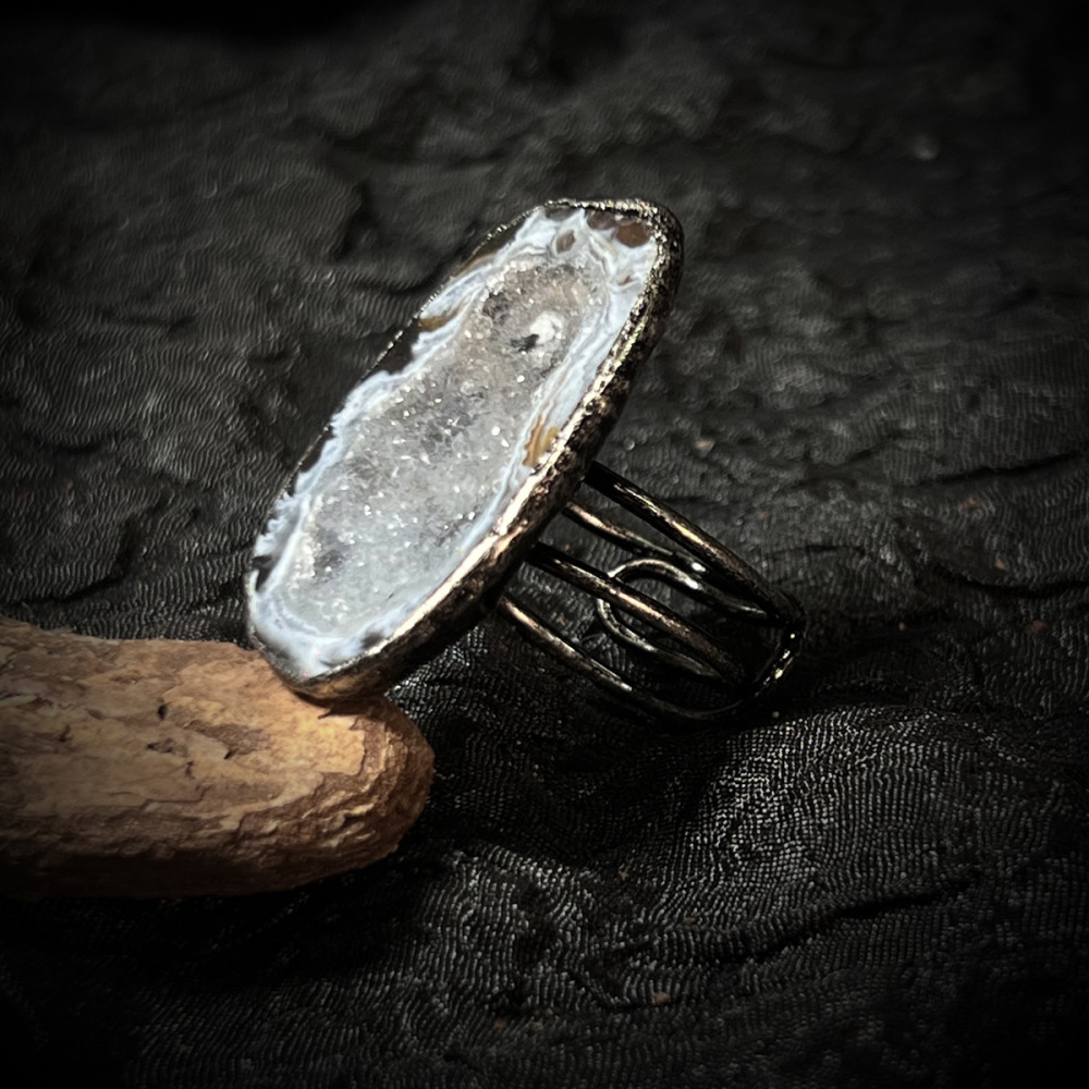 Retro Handmade Adjustable Silver Gold Plated Agate Crystal Ring Open Geometric Unisex Wide Band Jewelry Accessories