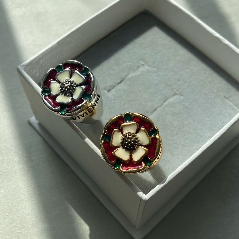 Tudor Enamel Rose Pattern Ring Copper Plated Gold Middle-Aged Revival Style Floral Design Women's Jewelry Accessories