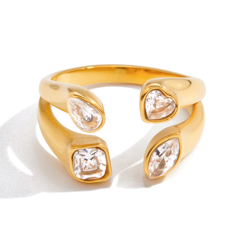Women's Classic Style 18K Gold Stainless Steel + Zircon White Heart Water Drop Round Marquise Zircon Asymmetric Double Layer Open Ring Size 7
