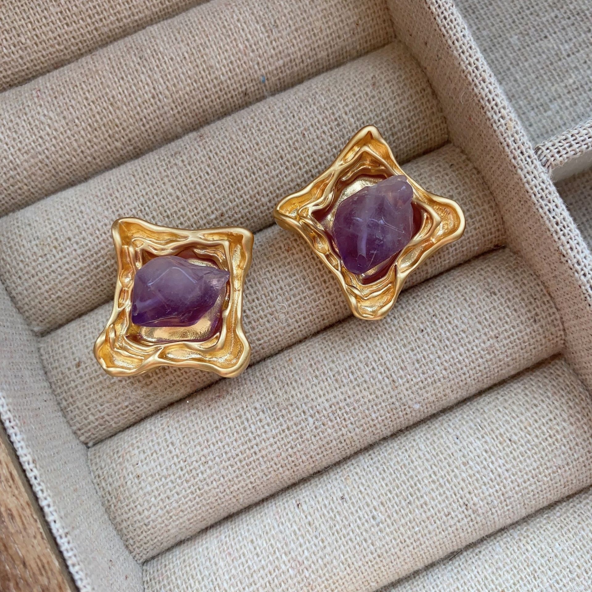 Retro Purple Crystal Stone Earrings Bohemian Style Floral Print Vintage Feelings Women's Jewelry Accessories Ear Cares