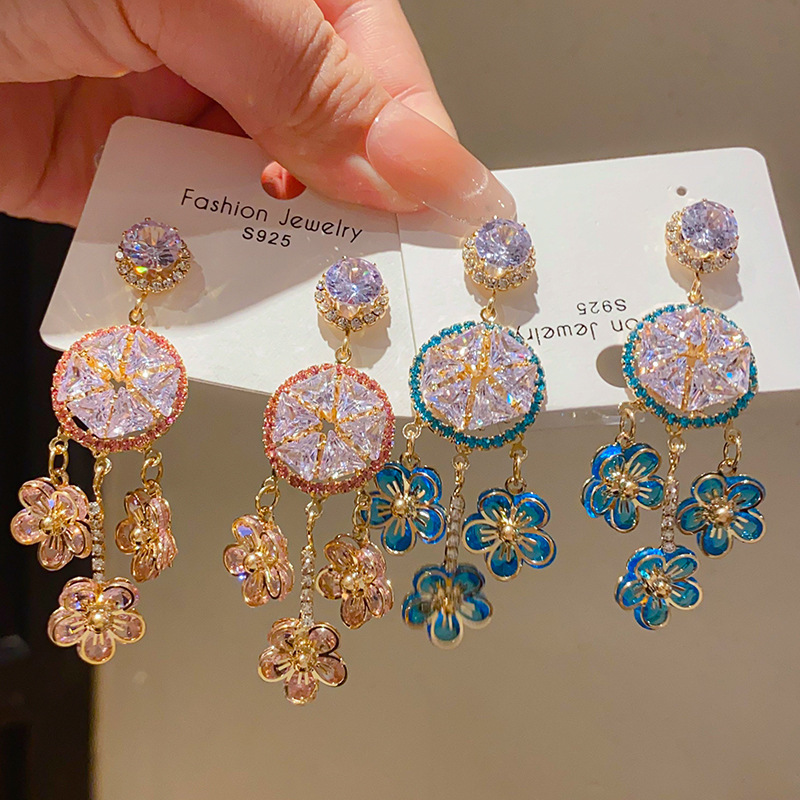 Fashionable French Vintage Silver Needle Zircon Flower Tassel Earrings Luxury Feelings Women's Jewelry Accessories