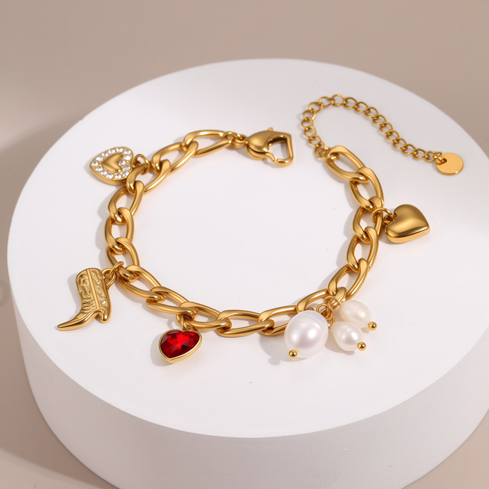 18K Gold-Plated Jewelry Simple Pearl Red Zircon Boot Pendant Style Bracelet Hand Accessories