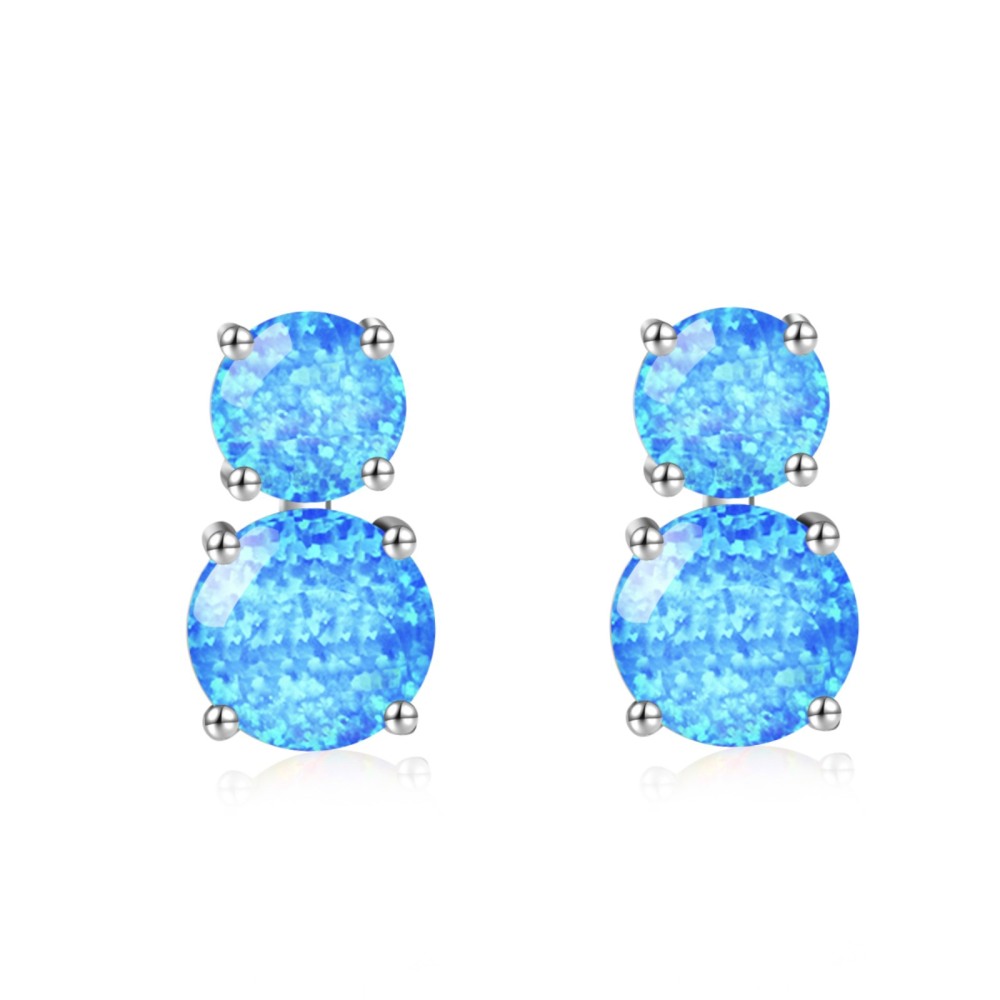 Cute Girl's Blue Opal Round Earrings Bohemian Style Flower Print Copper Jewelry Simple Craftsmanship Elegant Fashion Accessories